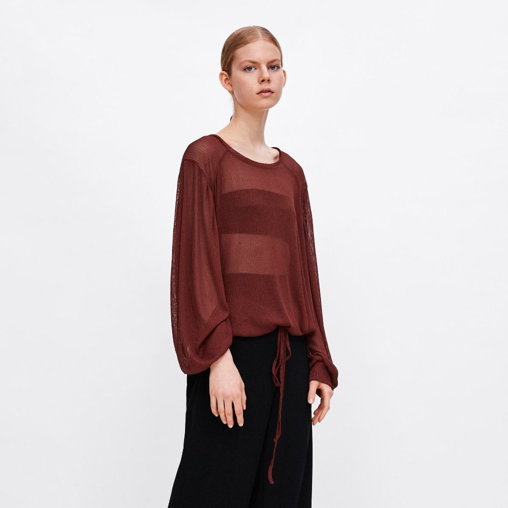 S NWT Zara Transparent Oversized Brown Blouse with Drawstring Hem